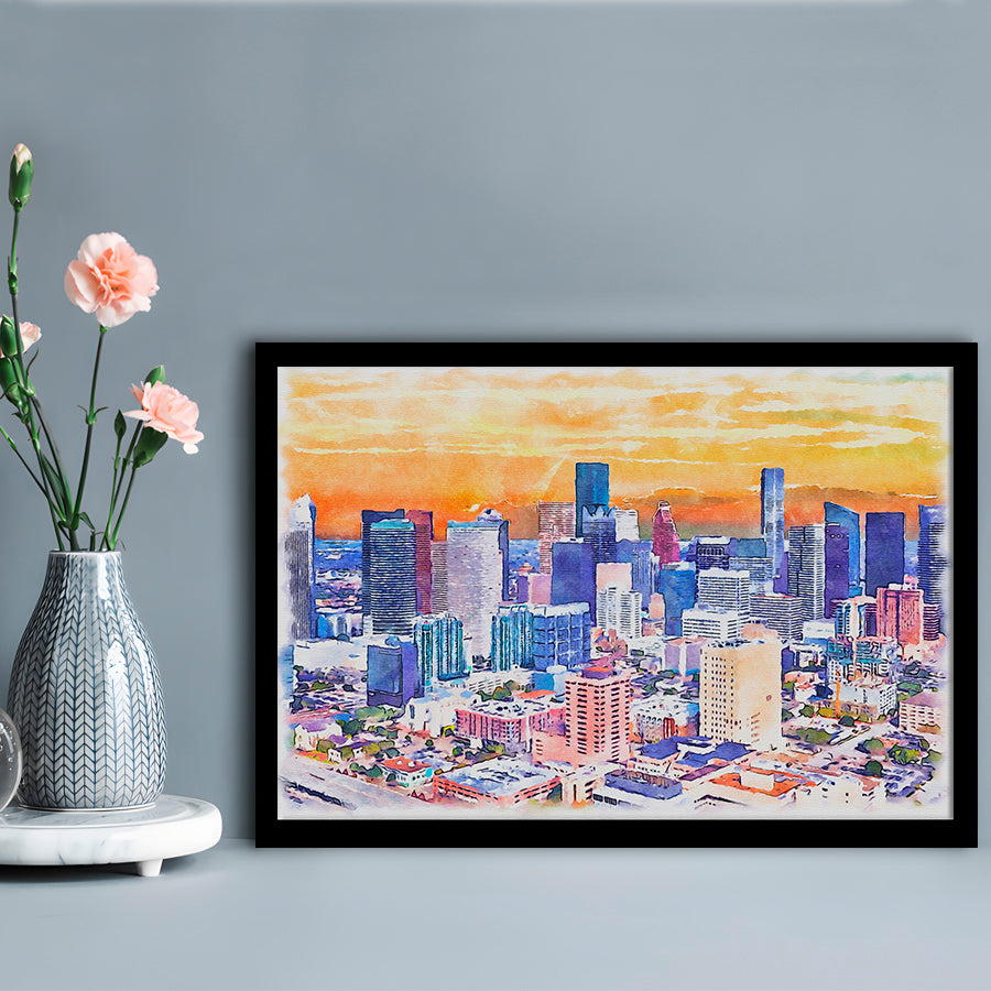 Houston Watercolor Painting Canvas, Houston Texas, Sport Gift Art, Framed Art Print Wall Decor