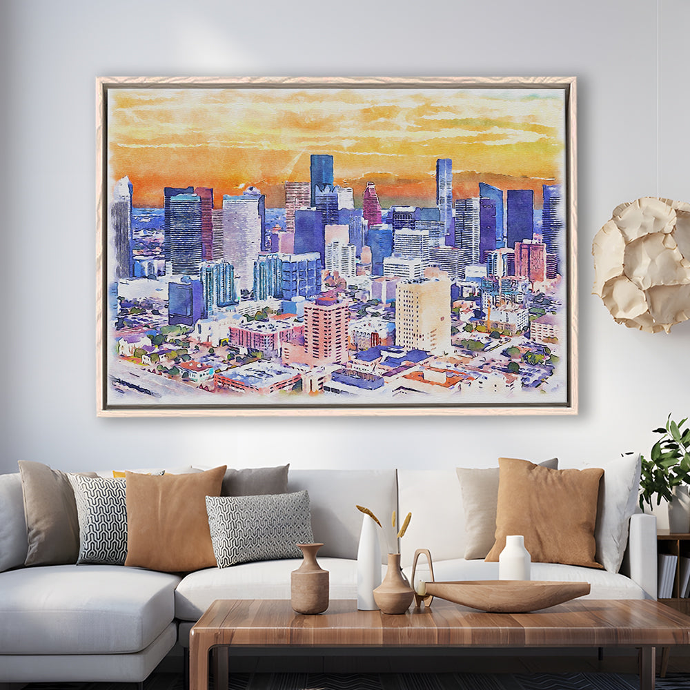 Houston Watercolor Painting Canvas, Houston Texas, Sport Gift Art, Framed Canvas Print Wall Art