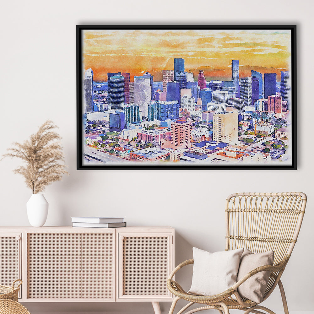 Houston Watercolor Painting Canvas, Houston Texas, Sport Gift Art, Framed Canvas Print Wall Art