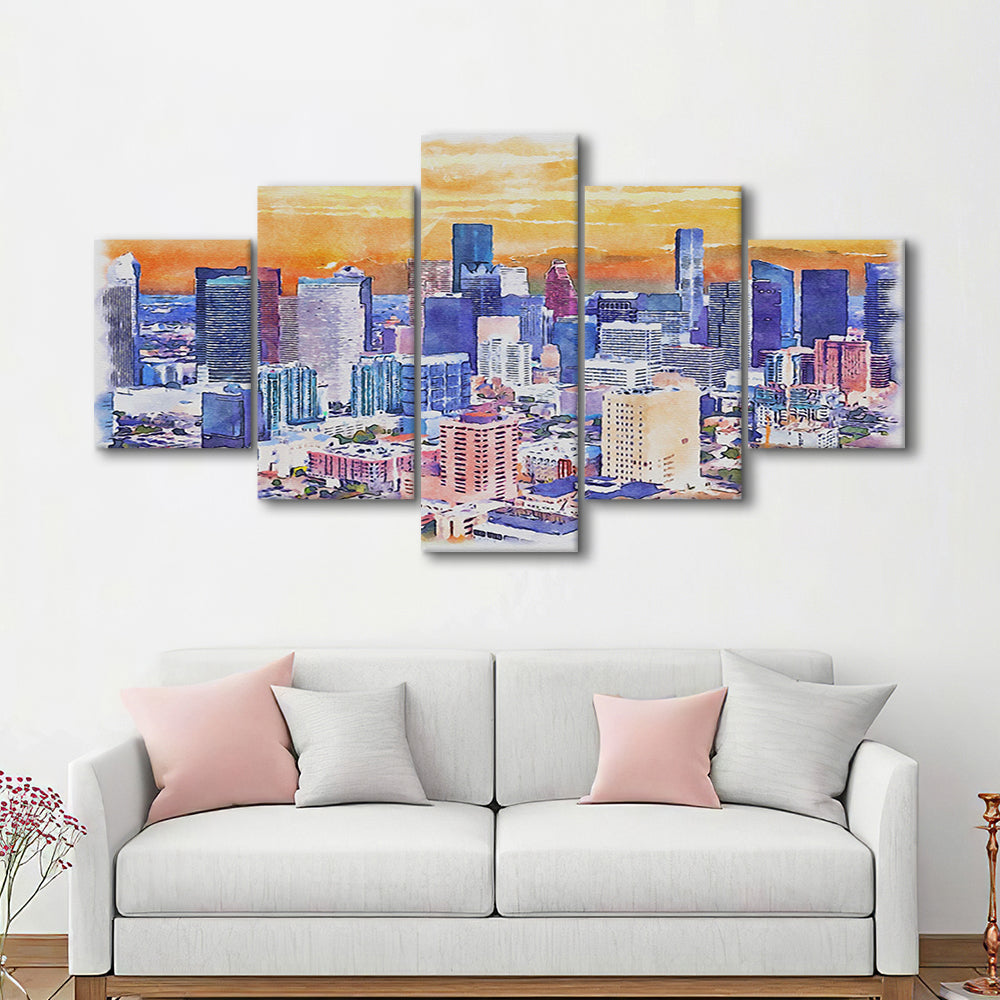 Houston Watercolor Painting Canvas, Houston Texas, Sport Art, Mixed 5 Panel, Canvas Print Wall Art
