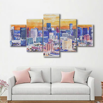 Houston Watercolor Painting Canvas, Houston Texas, Sport Art, Mixed 5 Panel, Canvas Print Wall Art