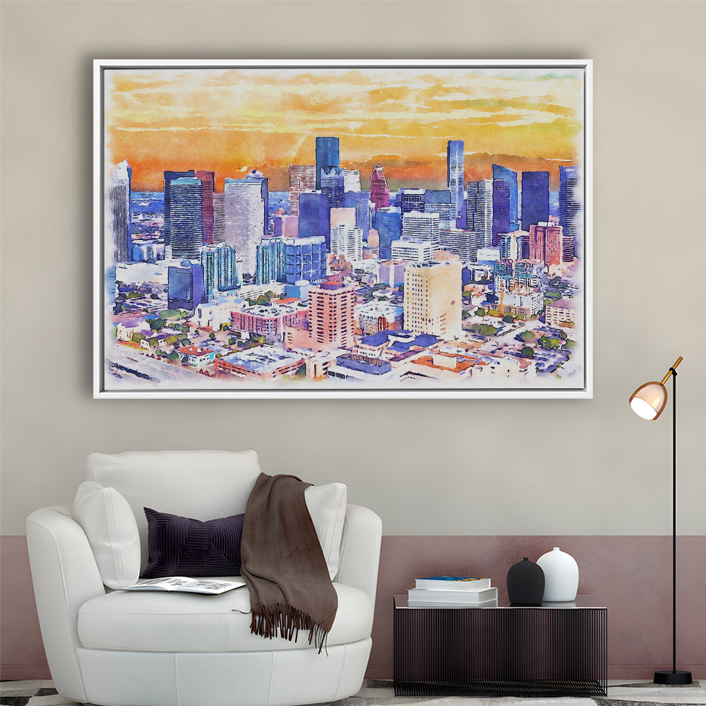 Houston Watercolor Painting Canvas, Houston Texas, Sport Gift Art, Framed Canvas Print Wall Art
