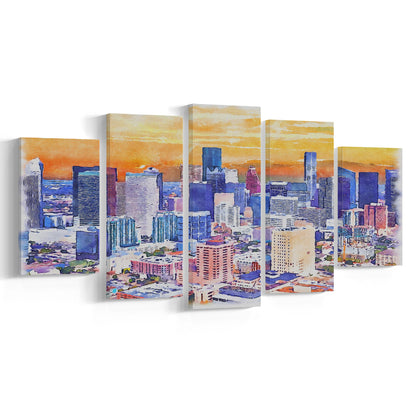 Houston Watercolor Painting Canvas, Houston Texas, Sport Art, Mixed 5 Panel, Canvas Print Wall Art