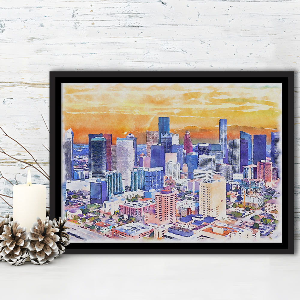 Houston Watercolor Painting Canvas, Houston Texas, Sport Gift Art, Framed Canvas Print Wall Art