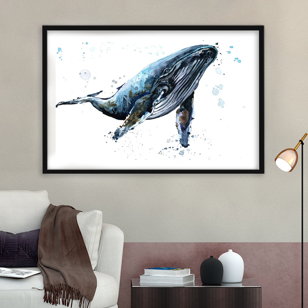 Humpback Whale Underwater Fauna. Whale Wall Art. Whale Wall Decoration, Framed Art Print White Border