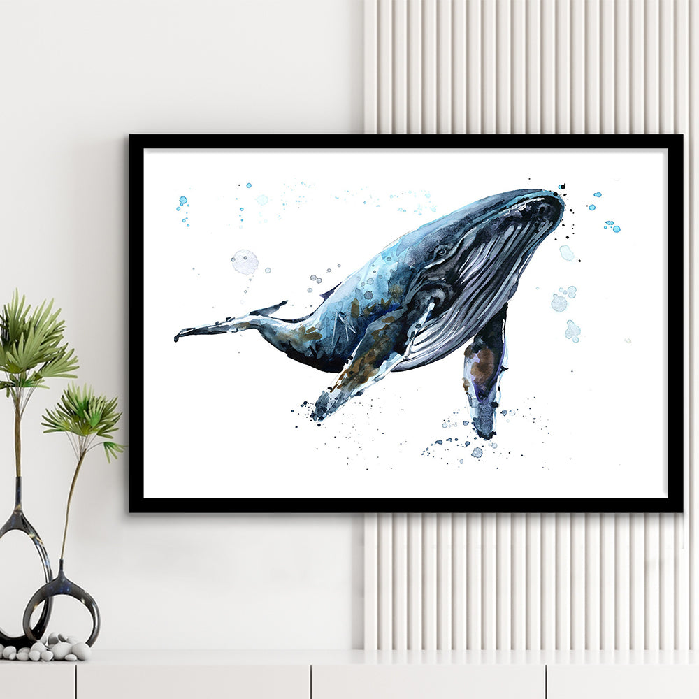 Humpback Whale Underwater Fauna. Whale Wall Art. Whale Wall Decoration, Framed Art Print White Border