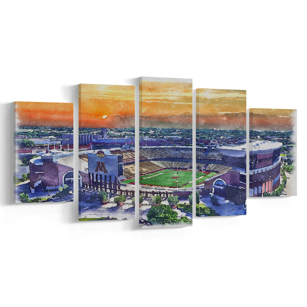 Huntington Bank Stadium, Minnesota Football Painting Stadium Watercolor, Sport Art, Mixed 5 Panel, Canvas Print Wall Art
