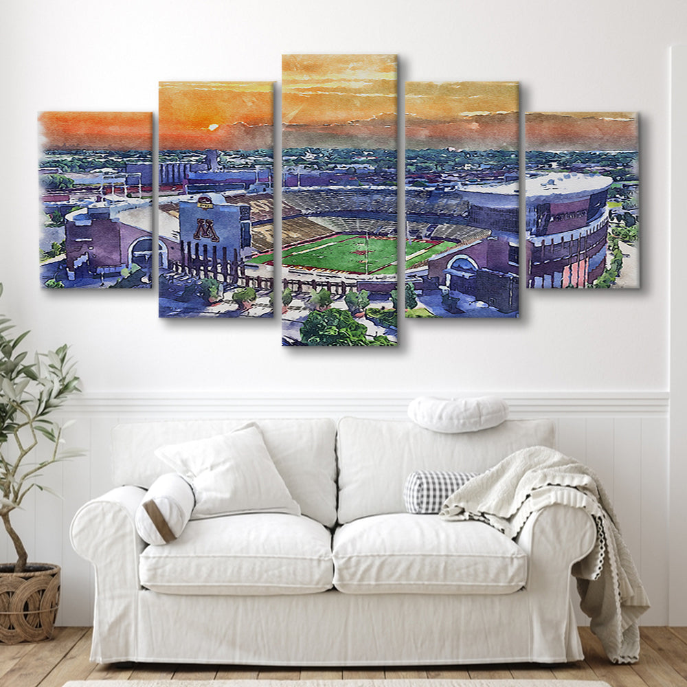 Huntington Bank Stadium, Minnesota Football Painting Stadium Watercolor, Sport Art, Mixed 5 Panel, Canvas Print Wall Art