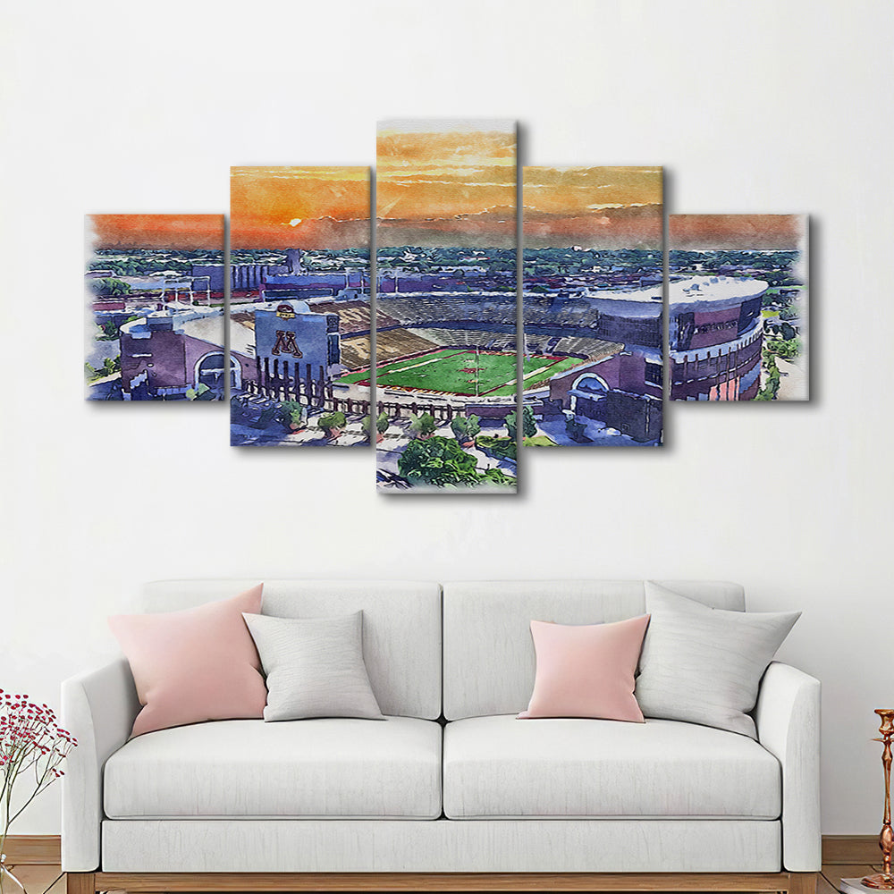 Huntington Bank Stadium, Minnesota Football Painting Stadium Watercolor, Sport Art, Mixed 5 Panel, Canvas Print Wall Art