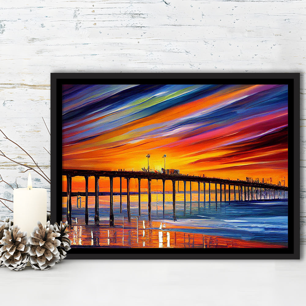 Huntington Beach Pier Skyline, Huntington Beach Painting Wall Art, Sport Gift Art, Framed Canvas Print Wall Art