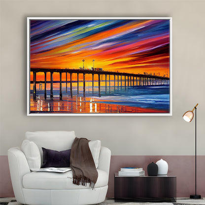 Huntington Beach Pier Skyline, Huntington Beach Painting Wall Art, Sport Gift Art, Framed Canvas Print Wall Art