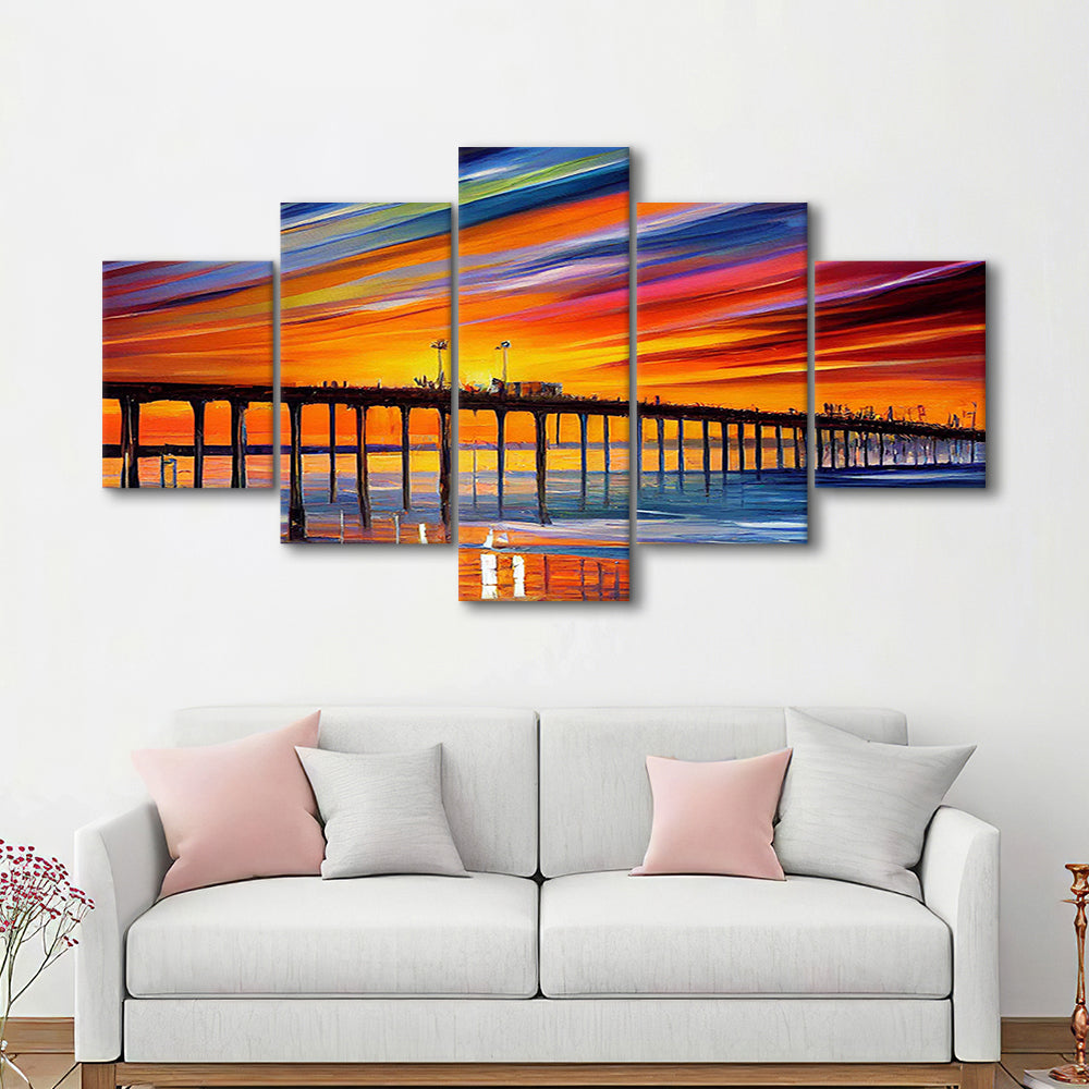 Huntington Beach Pier Skyline, Huntington Beach Painting Wall Art, Sport Art, Mixed 5 Panel, Canvas Print Wall Art