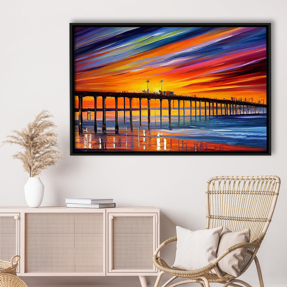 Huntington Beach Pier Skyline, Huntington Beach Painting Wall Art, Sport Gift Art, Framed Canvas Print Wall Art