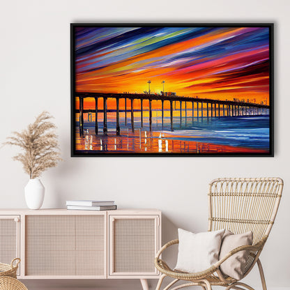 Huntington Beach Pier Skyline, Huntington Beach Painting Wall Art, Sport Gift Art, Framed Canvas Print Wall Art