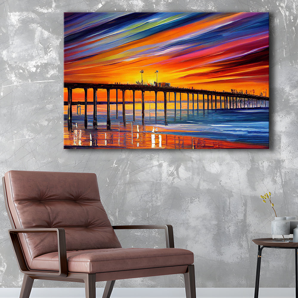Huntington Beach Pier Skyline, Huntington Beach Painting Wall Art, Sport Art, Gifts for him, Canvas Print Wall Art