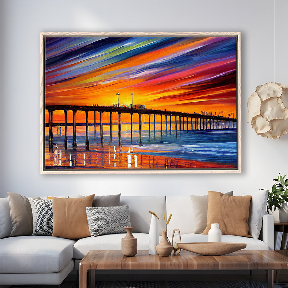 Huntington Beach Pier Skyline, Huntington Beach Painting Wall Art, Sport Gift Art, Framed Canvas Print Wall Art