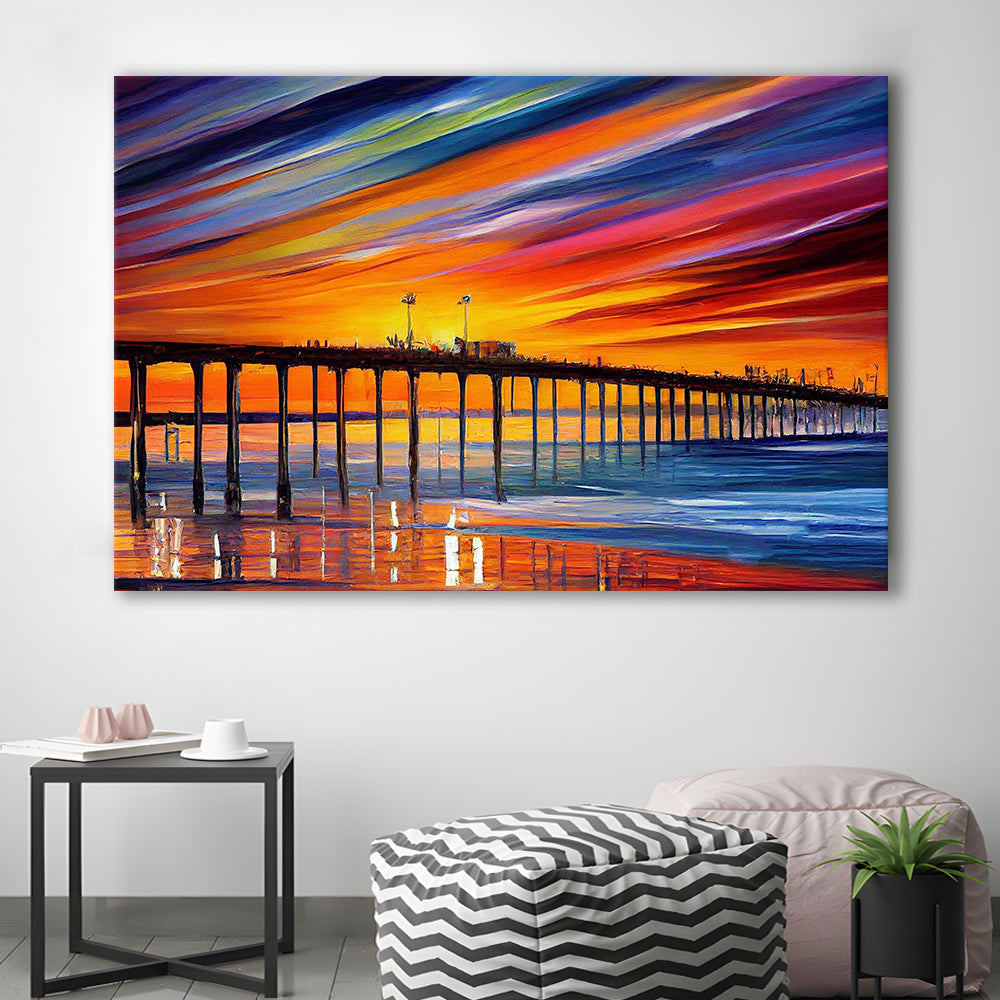 Huntington Beach Pier Skyline, Huntington Beach Painting Wall Art, Sport Art, Gifts for him, Canvas Print Wall Art