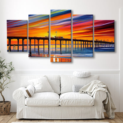 Huntington Beach Pier Skyline, Huntington Beach Painting Wall Art, Sport Art, Mixed 5 Panel, Canvas Print Wall Art
