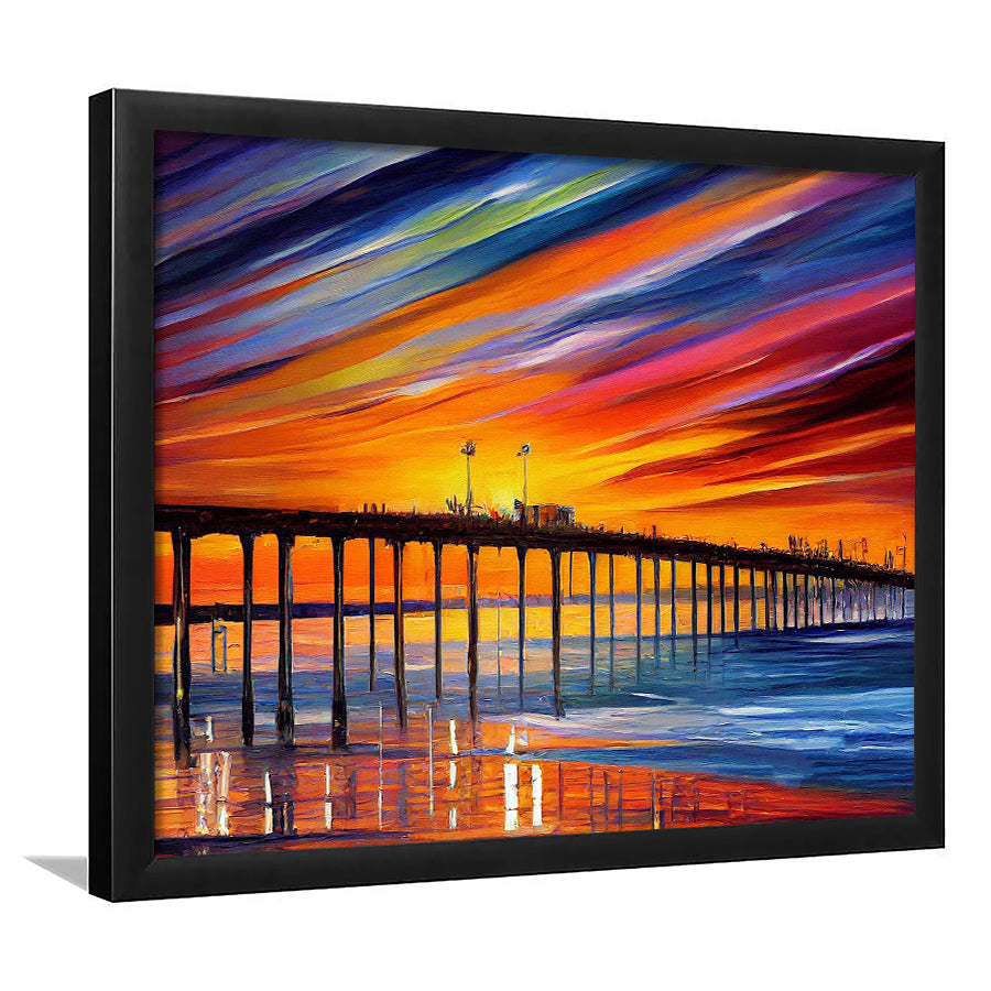 Huntington Beach Pier Skyline, Huntington Beach Painting Wall Art, Sport Gift Art, Framed Art Print Wall Decor