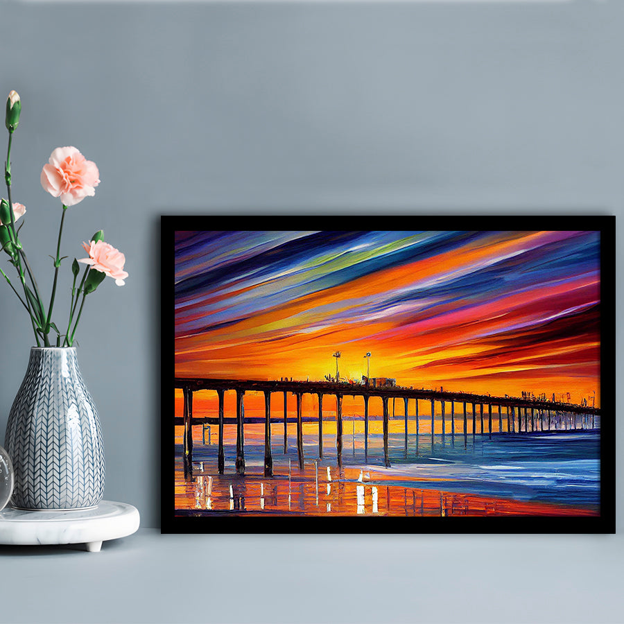 Huntington Beach Pier Skyline, Huntington Beach Painting Wall Art, Sport Gift Art, Framed Art Print Wall Decor