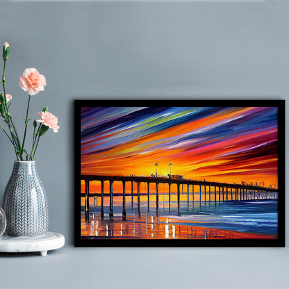 Huntington Beach Pier Skyline, Huntington Beach Painting Wall Art, Sport Gift Art, Framed Art Print Wall Decor