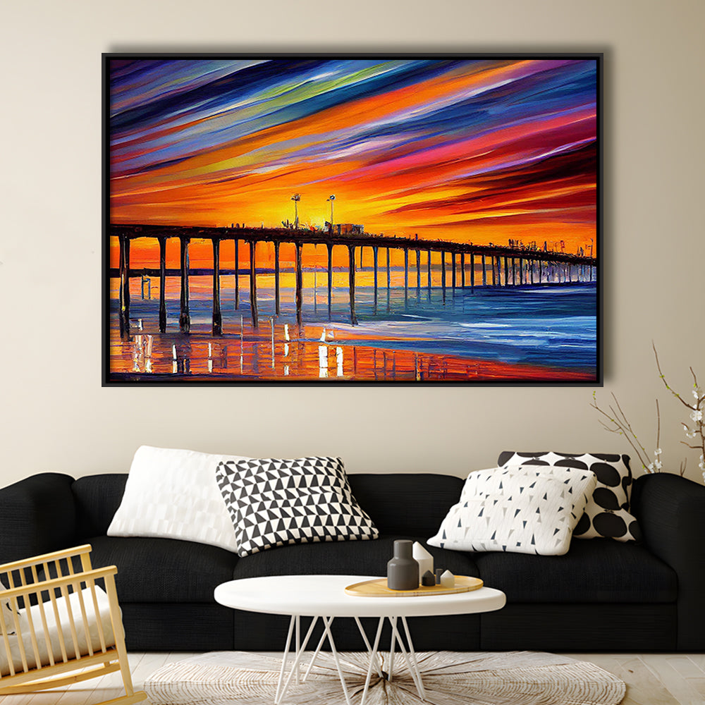 Huntington Beach Pier Skyline, Huntington Beach Painting Wall Art, Sport Gift Art, Framed Canvas Print Wall Art