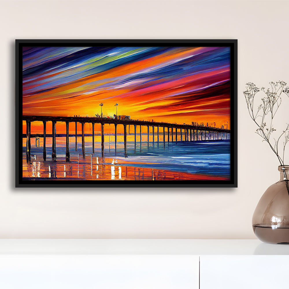 Huntington Beach Pier Skyline, Huntington Beach Painting Wall Art, Sport Gift Art, Framed Canvas Print Wall Art
