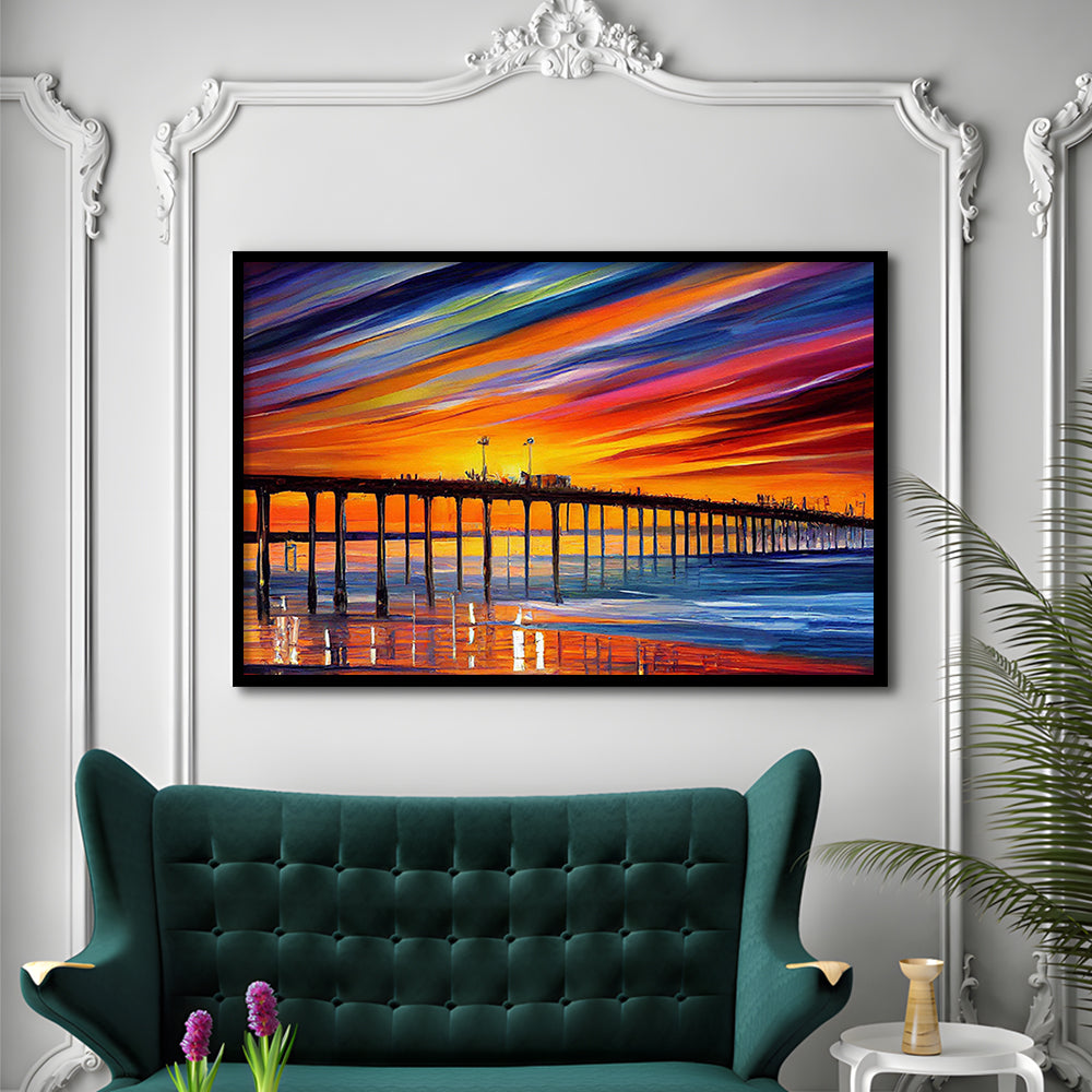 Huntington Beach Pier Skyline, Huntington Beach Painting Wall Art, Sport Gift Art, Framed Art Print Wall Decor