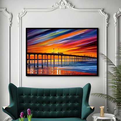 Huntington Beach Pier Skyline, Huntington Beach Painting Wall Art, Sport Gift Art, Framed Art Print Wall Decor