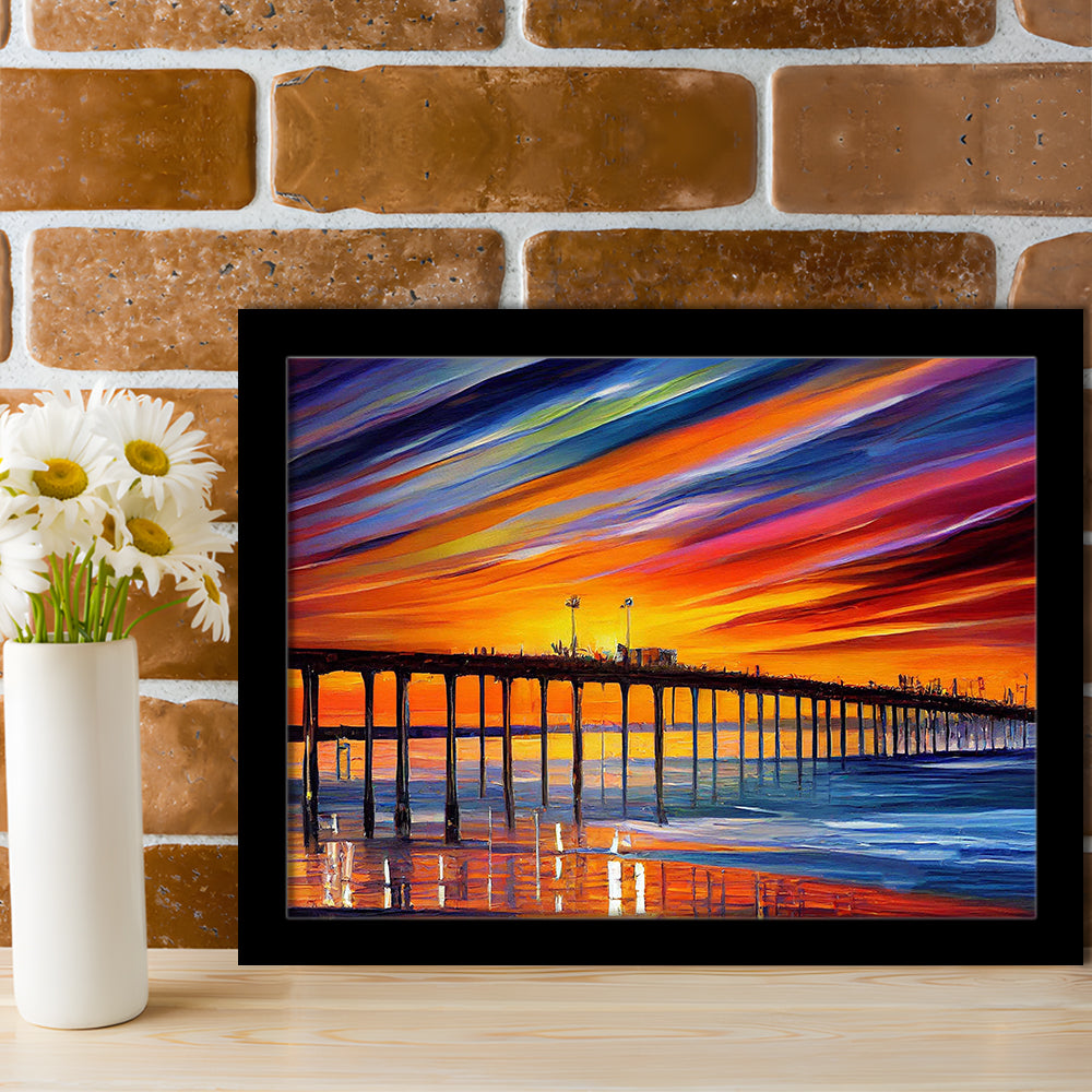 Huntington Beach Pier Skyline, Huntington Beach Painting Wall Art, Sport Gift Art, Framed Art Print Wall Decor