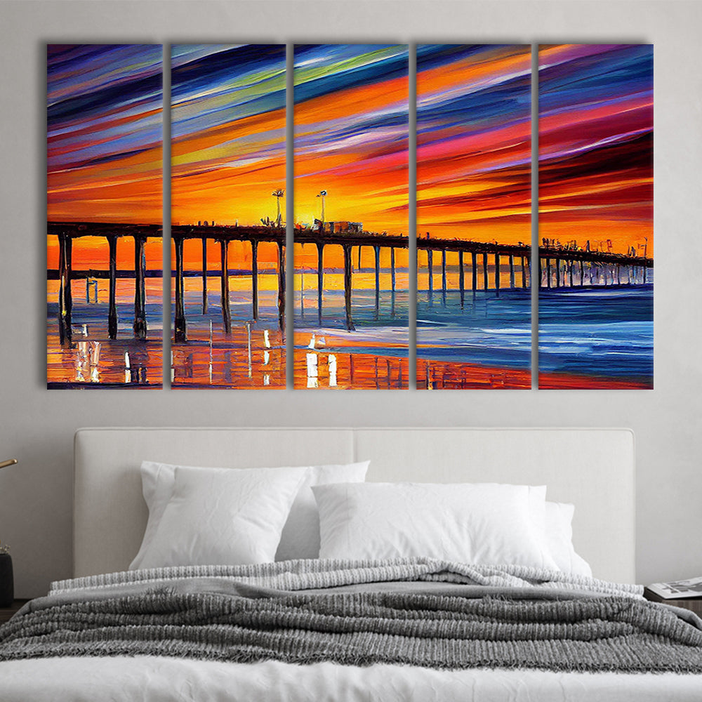 Huntington Beach Pier Skyline, Huntington Beach Painting Wall Art, Sport Art, Extra Large Canvas Print Wall Art