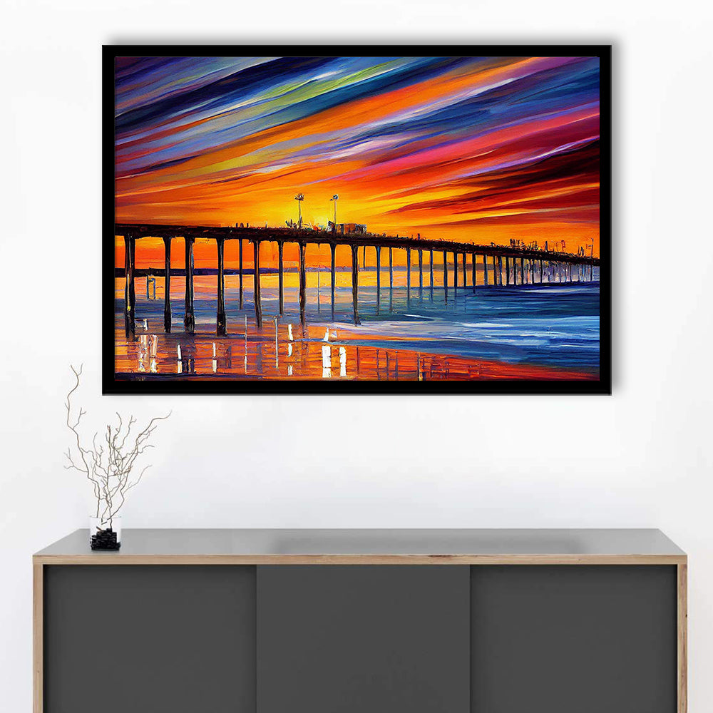 Huntington Beach Pier Skyline, Huntington Beach Painting Wall Art, Sport Gift Art, Framed Art Print Wall Decor