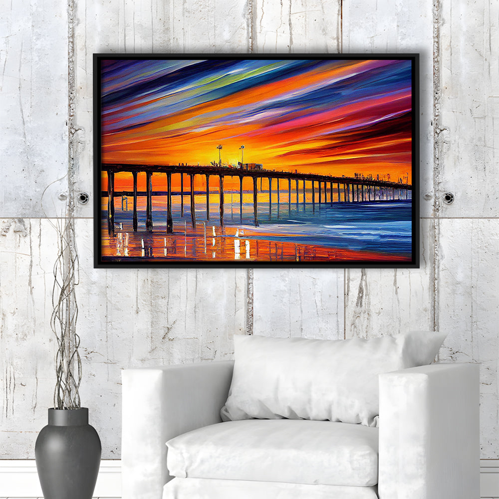 Huntington Beach Pier Skyline, Huntington Beach Painting Wall Art, Sport Gift Art, Framed Canvas Print Wall Art