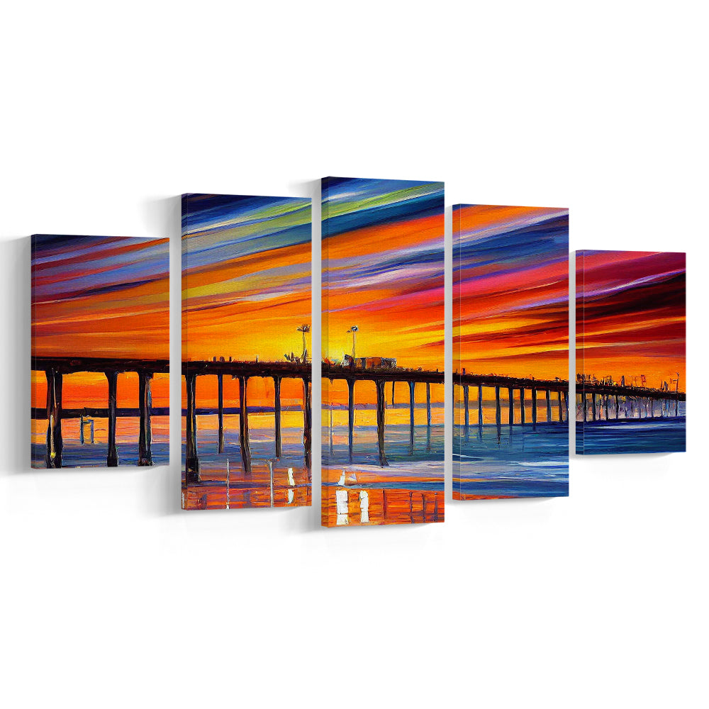 Huntington Beach Pier Skyline, Huntington Beach Painting Wall Art, Sport Art, Mixed 5 Panel, Canvas Print Wall Art