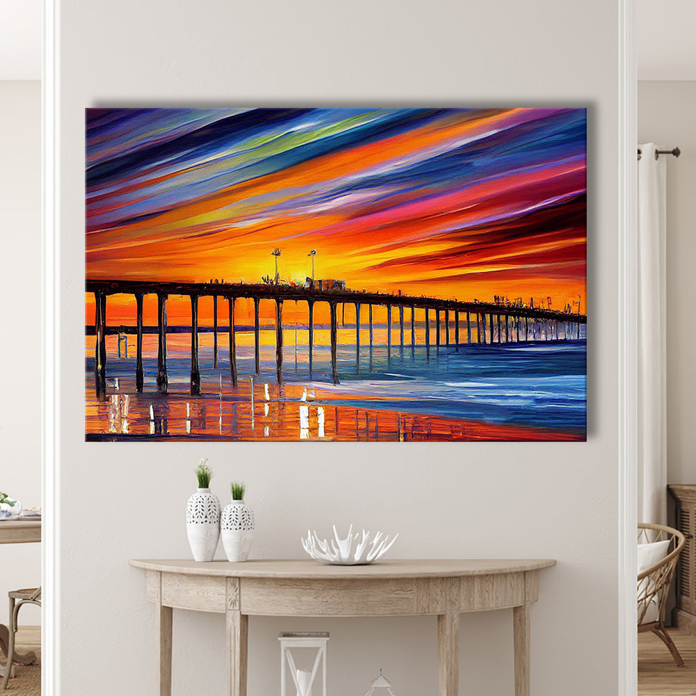 Huntington Beach Pier Skyline, Huntington Beach Painting Wall Art, Sport Art, Gifts for him, Canvas Print Wall Art
