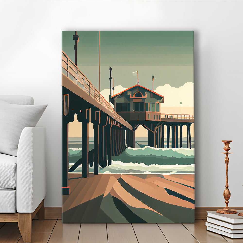 Huntington Beach Retro Art Print, Huntington Beach, Canvas Print, Painting Canvas, Living Room Decor