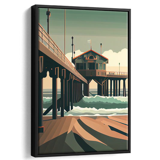 Huntington Beach Retro Art Print, Huntington Beach, Floating Framed Canvas Print, Framed Picture, Painting Canvas