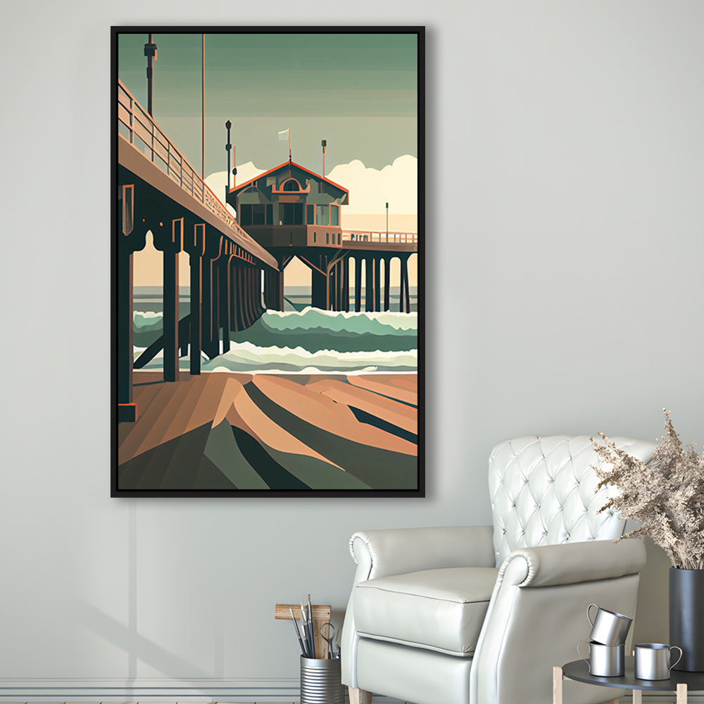Huntington Beach Retro Art Print, Huntington Beach, Floating Framed Canvas Print, Framed Picture, Painting Canvas
