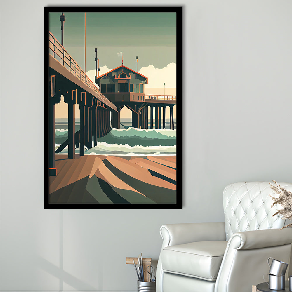 Huntington Beach Retro Art Print, Huntington Beach, Framed Art Print, Picture Framed, Painting Art
