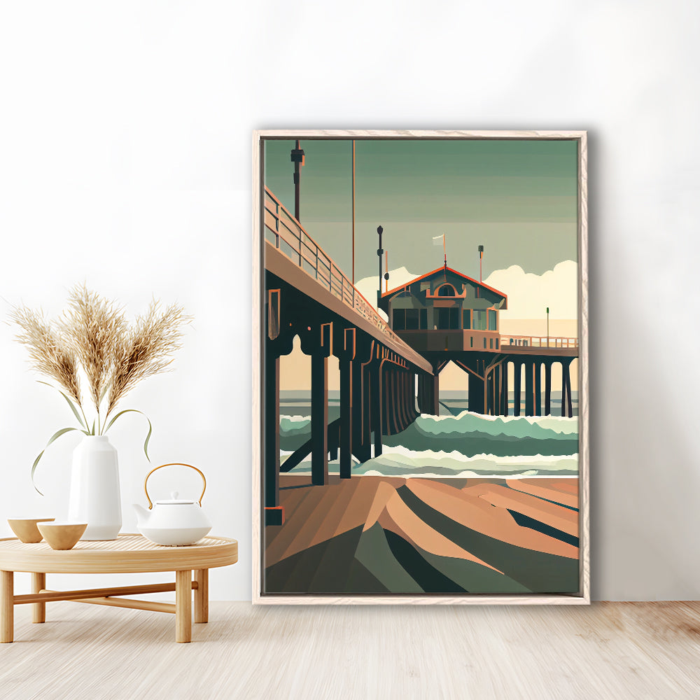 Huntington Beach Retro Art Print, Huntington Beach, Floating Framed Canvas Print, Framed Picture, Painting Canvas