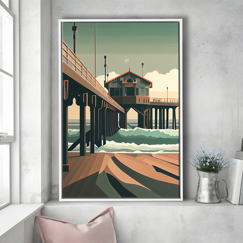 Huntington Beach Retro Art Print, Huntington Beach, Floating Framed Canvas Print, Framed Picture, Painting Canvas