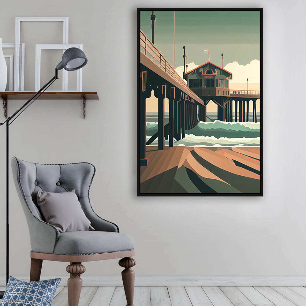 Huntington Beach Retro Art Print, Huntington Beach, Floating Framed Canvas Print, Framed Picture, Painting Canvas
