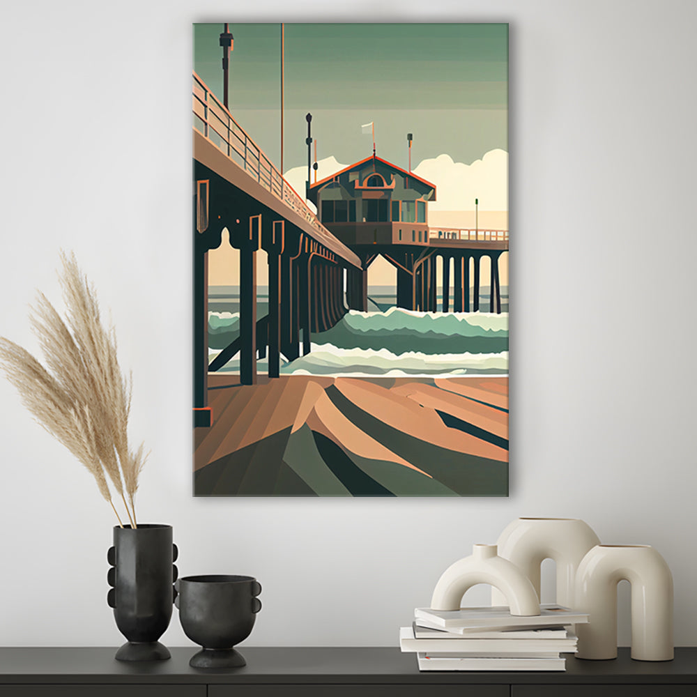 Huntington Beach Retro Art Print, Huntington Beach, Canvas Print, Painting Canvas, Living Room Decor