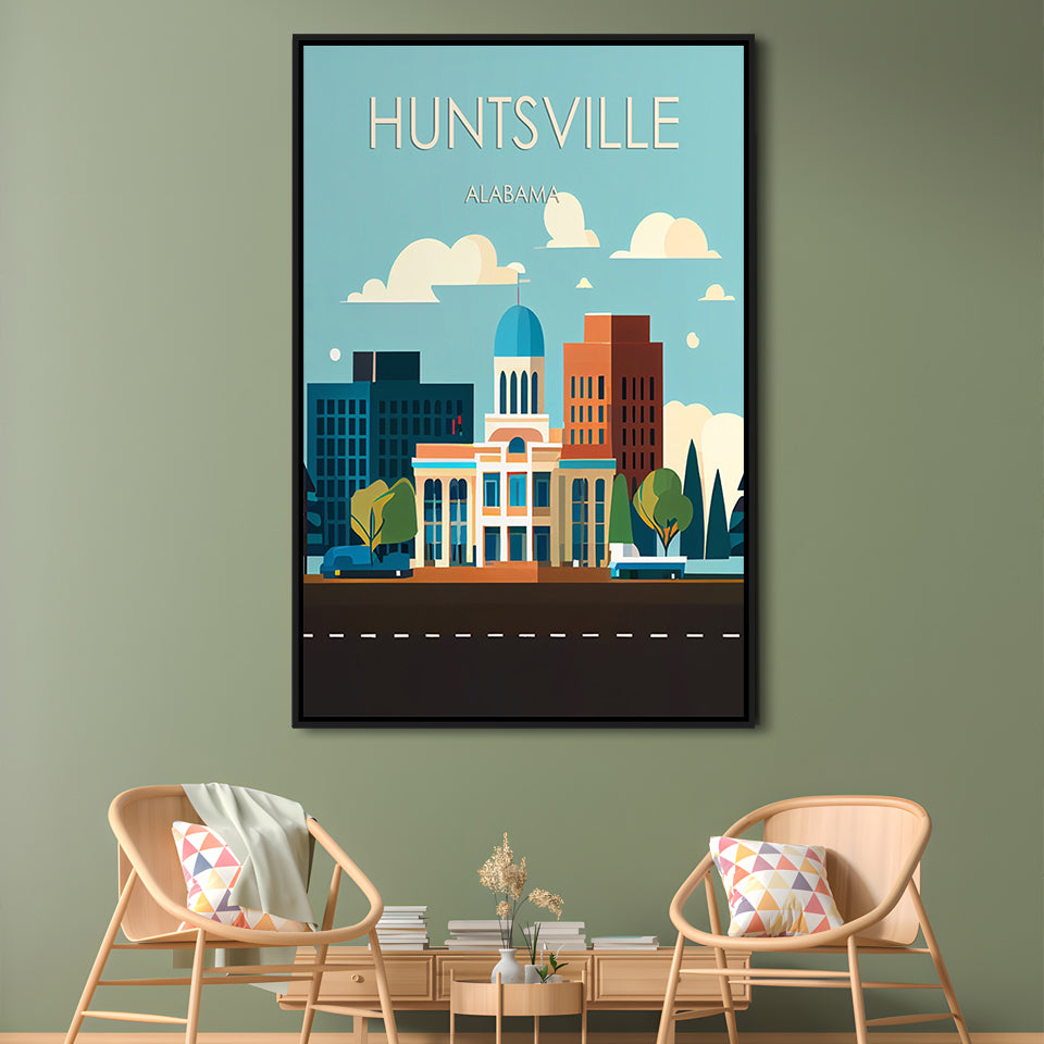 Huntsville Alabama Retro Art Print, Huntsville Alabama City Wall Art, Floating Framed Canvas Print, Framed Picture, Painting Canvas