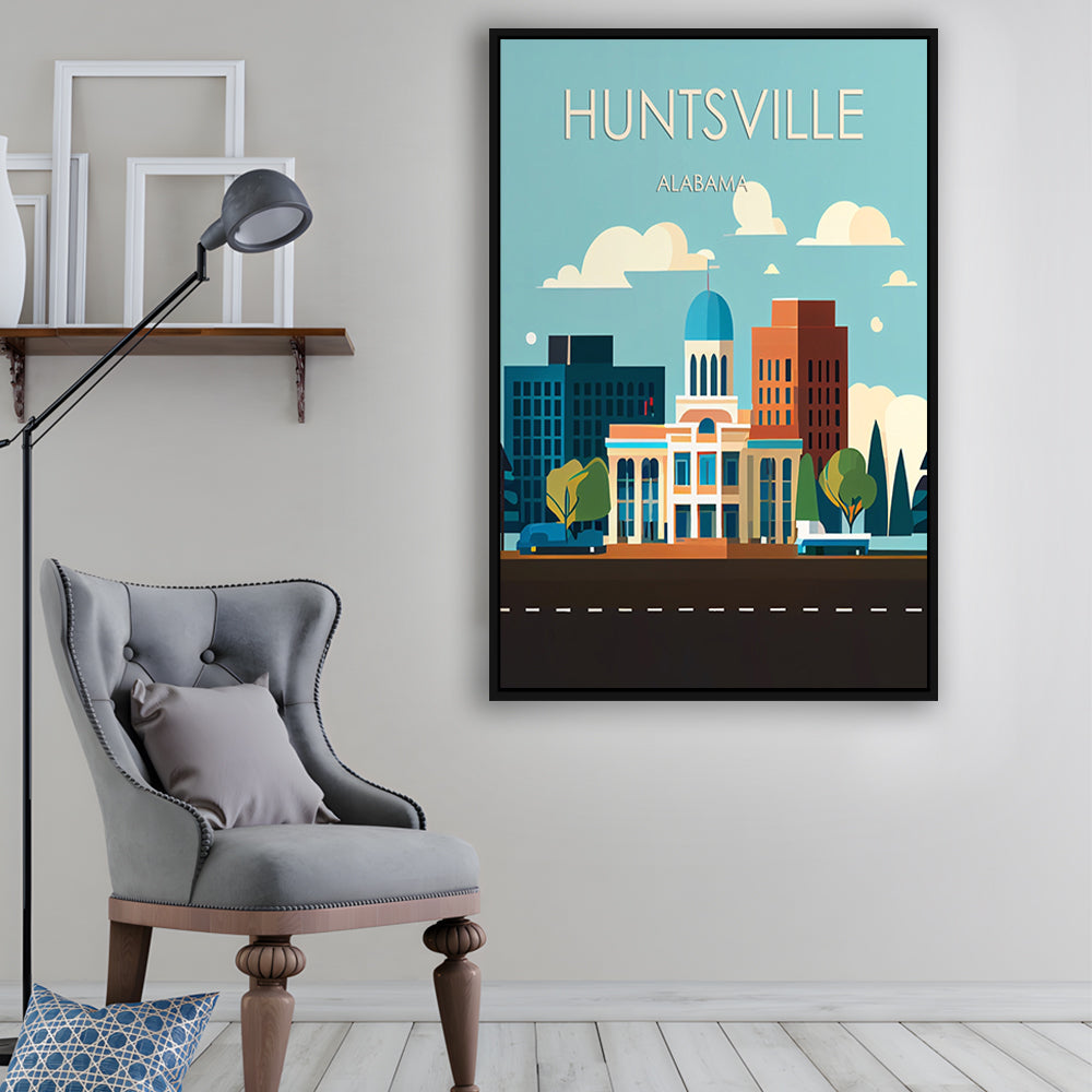 Huntsville Alabama Retro Art Print, Huntsville Alabama City Wall Art, Floating Framed Canvas Print, Framed Picture, Painting Canvas