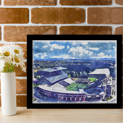 Husky Painting Stadium Watercolor, Seattle Washington Watercolor, Sport Gift Art, Framed Art Print Wall Decor