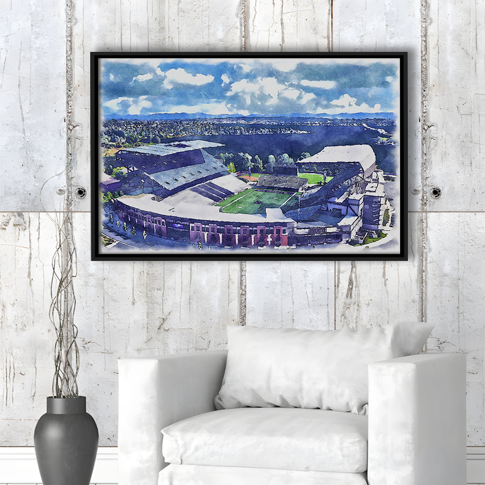 Husky Painting Stadium Watercolor, Seattle Washington Watercolor, Sport Gift Art, Framed Canvas Print Wall Art