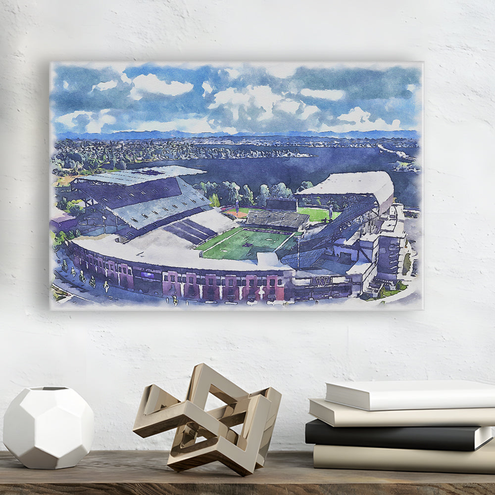 Husky Painting Stadium Watercolor, Seattle Washington Watercolor, Sport Art, Gifts for him, Canvas Print Wall Art