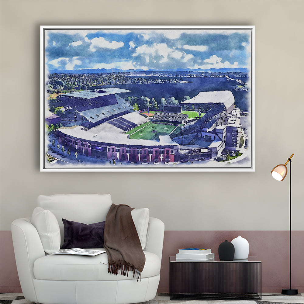 Husky Painting Stadium Watercolor, Seattle Washington Watercolor, Sport Gift Art, Framed Canvas Print Wall Art