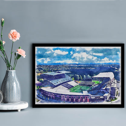 Husky Painting Stadium Watercolor, Seattle Washington Watercolor, Sport Gift Art, Framed Art Print Wall Decor